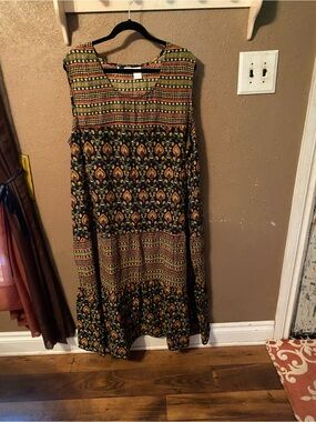 Sleeveless Printed Maxi Dress in Black with Gold & Rust Accents